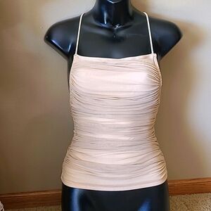 Ruched ruffled womens small nude lined sexy strappy date night club top tie cute